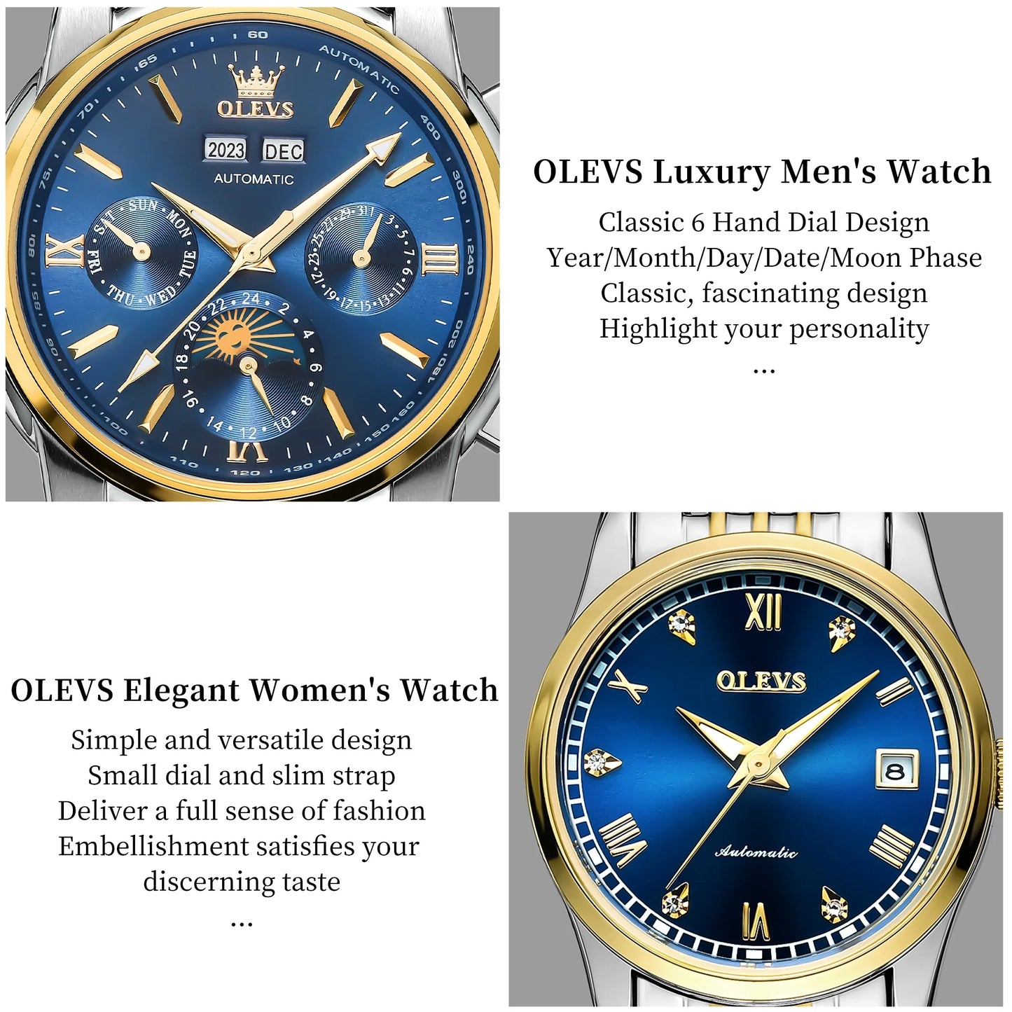 Automatic Couple Watches Set Casual Stainless Steel Waterproof His and Hers Wristwatch for Valentines Anniversary Wedding Romantic Chrismas Gifts, Luxury Watches Set of 2