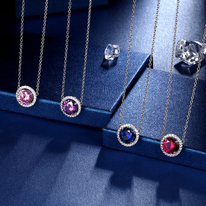 September Birthstone Necklaces Silver Plated round Shape Pendant Blue Birthstone Necklace Jewelry Birthday Gifts for Men and Women