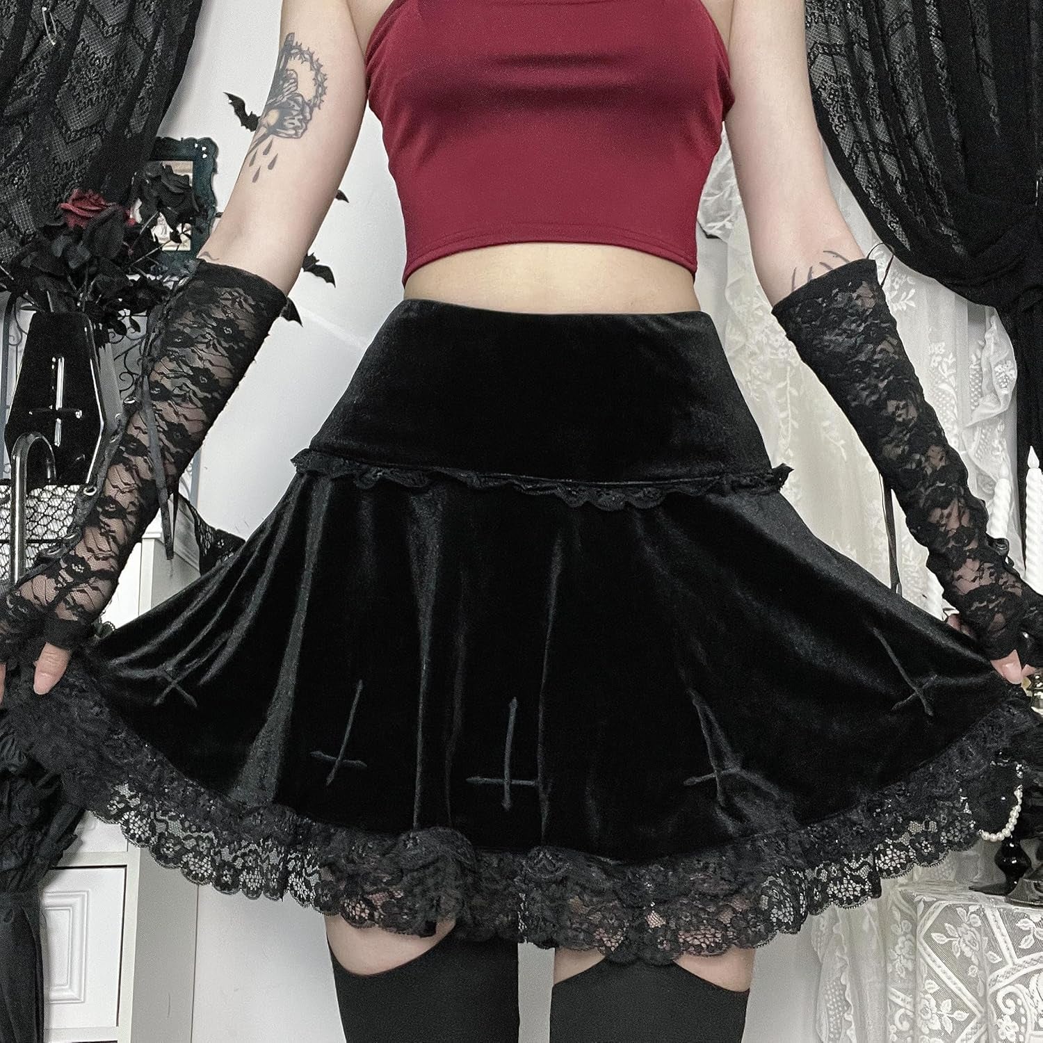 Womens Gothic Mini Skirts Punk Grunge Velvet Skirts High Waist Emo Skirt Mall Goth Alt Harajuku Skirt