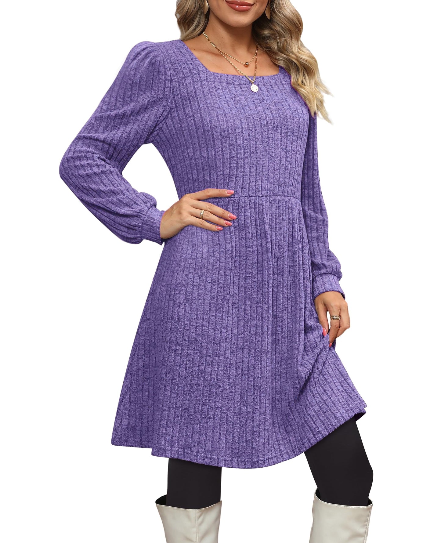 Dresses for Women Fall Square Neck Long Sleeve Knee Length Dress with Pockets