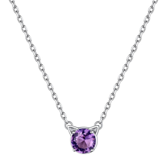 Cute 925 Gift Sterling Silver Kitty Necklace Sweet Cartoon Cat Necklaces Birthstone Jewelry for Girlfriend Daughter Little Sister