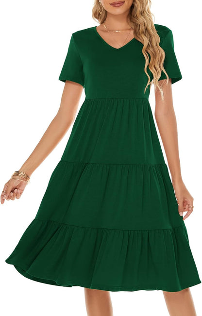 Women'S Casual Summer Tiered Midi Dress 2025 Short Sleeve V-Neck Loose Cotton Ruffle Babydoll Dress Boho Sundress