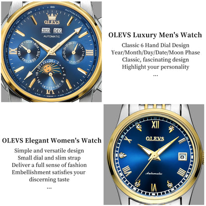 Automatic Couple Watches Set Casual Stainless Steel Waterproof His and Hers Wristwatch for Valentines Anniversary Wedding Romantic Chrismas Gifts, Luxury Watches Set of 2