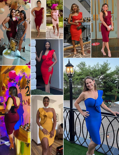 One Shoulder Ruffle Dress Side Split Bodycon Bandage Dress Wedding Guest Dress