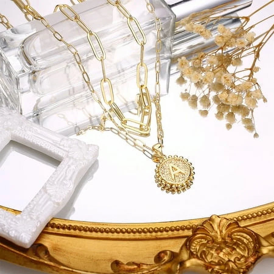 Gold Initial Necklaces for Women Layering Paperclip Link Coin Necklaces Gift for Women