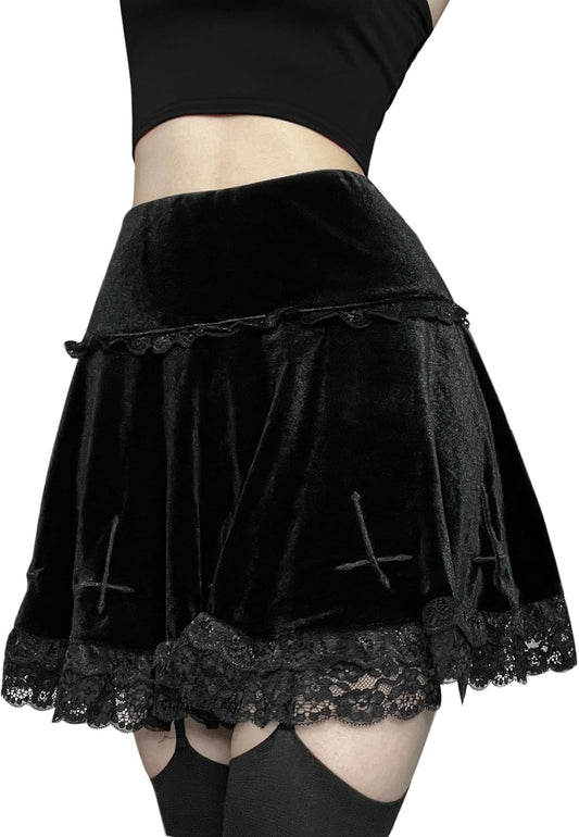 Womens Gothic Mini Skirts Punk Grunge Velvet Skirts High Waist Emo Skirt Mall Goth Alt Harajuku Skirt