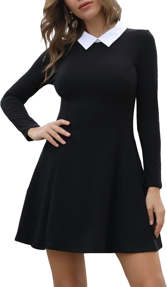 Women'S Long Sleeve Fall Dresses 2025 Casual Peter Pan Collar a Line Fit and Flare Skater Goth Dress