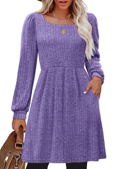 Dresses for Women Fall Square Neck Long Sleeve Knee Length Dress with Pockets
