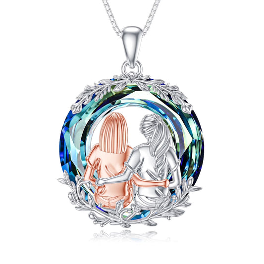 Friendship Necklace for 2 Sister Sit and Hug Pendent Sterling Silver with Circle Blue Crystal Best Friend Birthday Anniversary Mothers Valentines Day Christmas Gifts for Women Sister