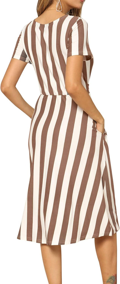 Women'S Short Sleeve Striped Casual Flowy Midi Belt Dress with Pockets