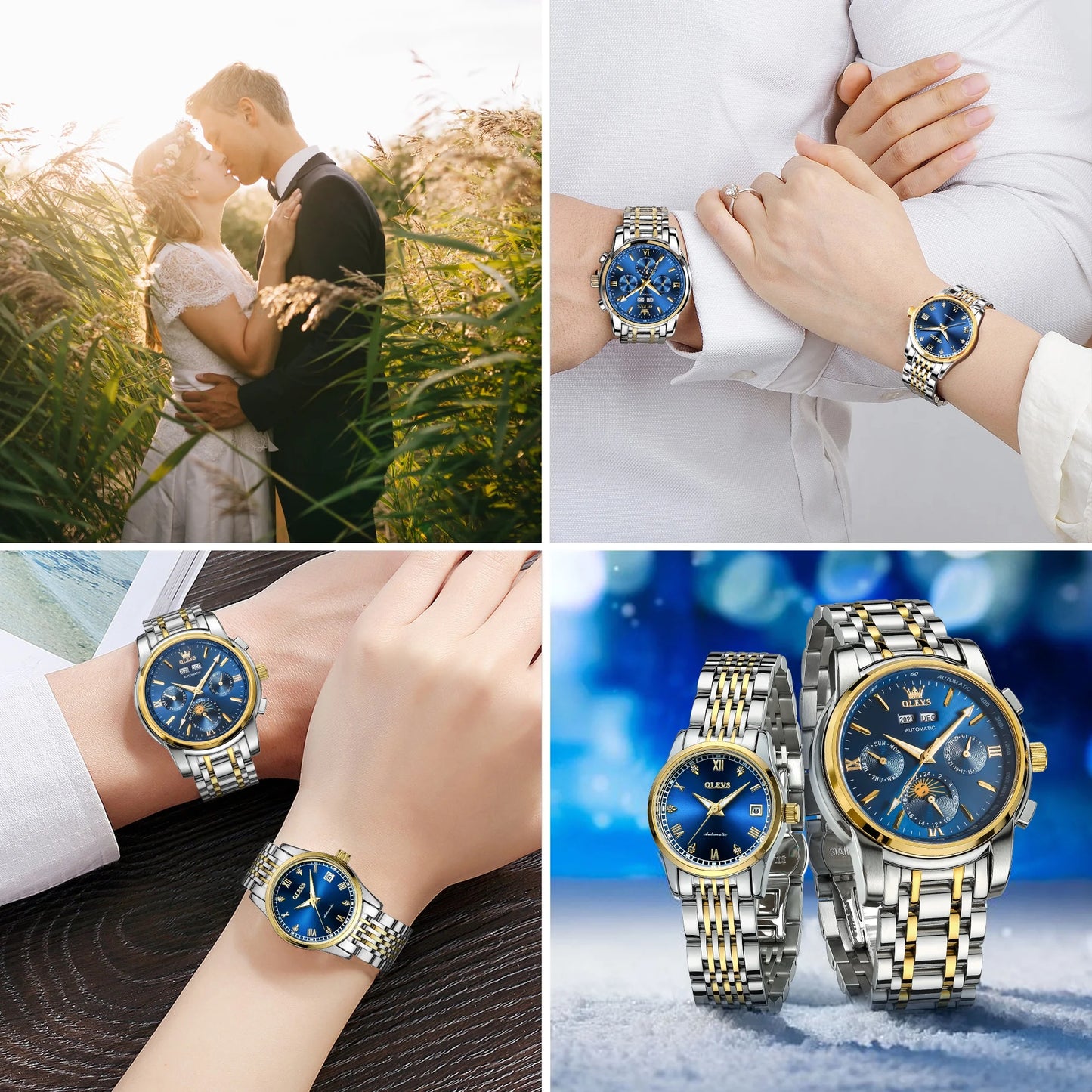 Automatic Couple Watches Set Casual Stainless Steel Waterproof His and Hers Wristwatch for Valentines Anniversary Wedding Romantic Chrismas Gifts, Luxury Watches Set of 2