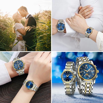 Automatic Couple Watches Set Casual Stainless Steel Waterproof His and Hers Wristwatch for Valentines Anniversary Wedding Romantic Chrismas Gifts, Luxury Watches Set of 2