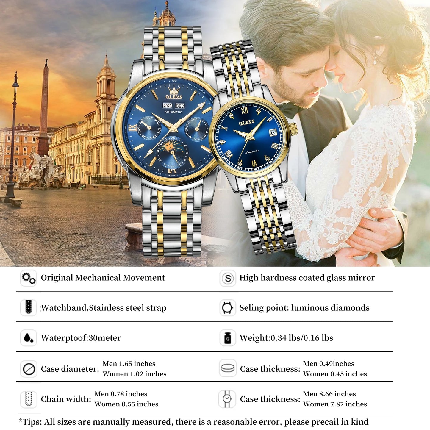 Automatic Couple Watches Set Casual Stainless Steel Waterproof His and Hers Wristwatch for Valentines Anniversary Wedding Romantic Chrismas Gifts, Luxury Watches Set of 2