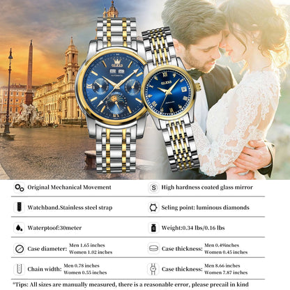 Automatic Couple Watches Set Casual Stainless Steel Waterproof His and Hers Wristwatch for Valentines Anniversary Wedding Romantic Chrismas Gifts, Luxury Watches Set of 2