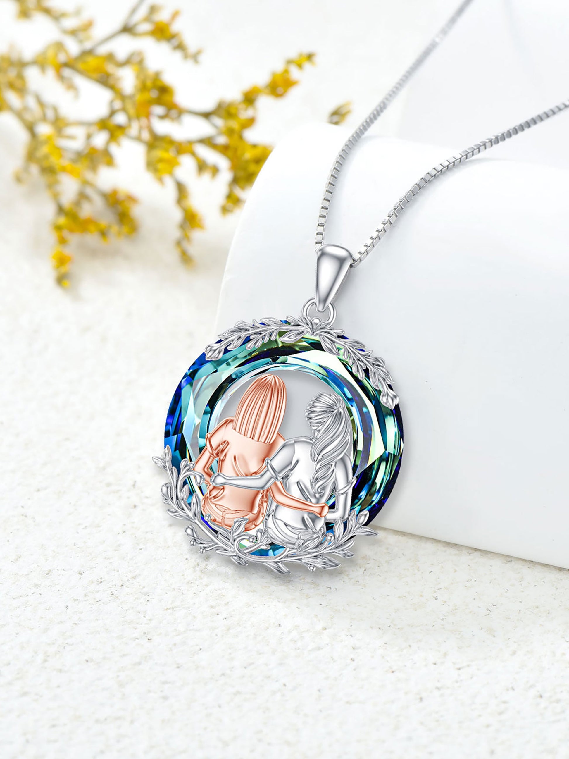Friendship Necklace for 2 Sister Sit and Hug Pendent Sterling Silver with Circle Blue Crystal Best Friend Birthday Anniversary Mothers Valentines Day Christmas Gifts for Women Sister