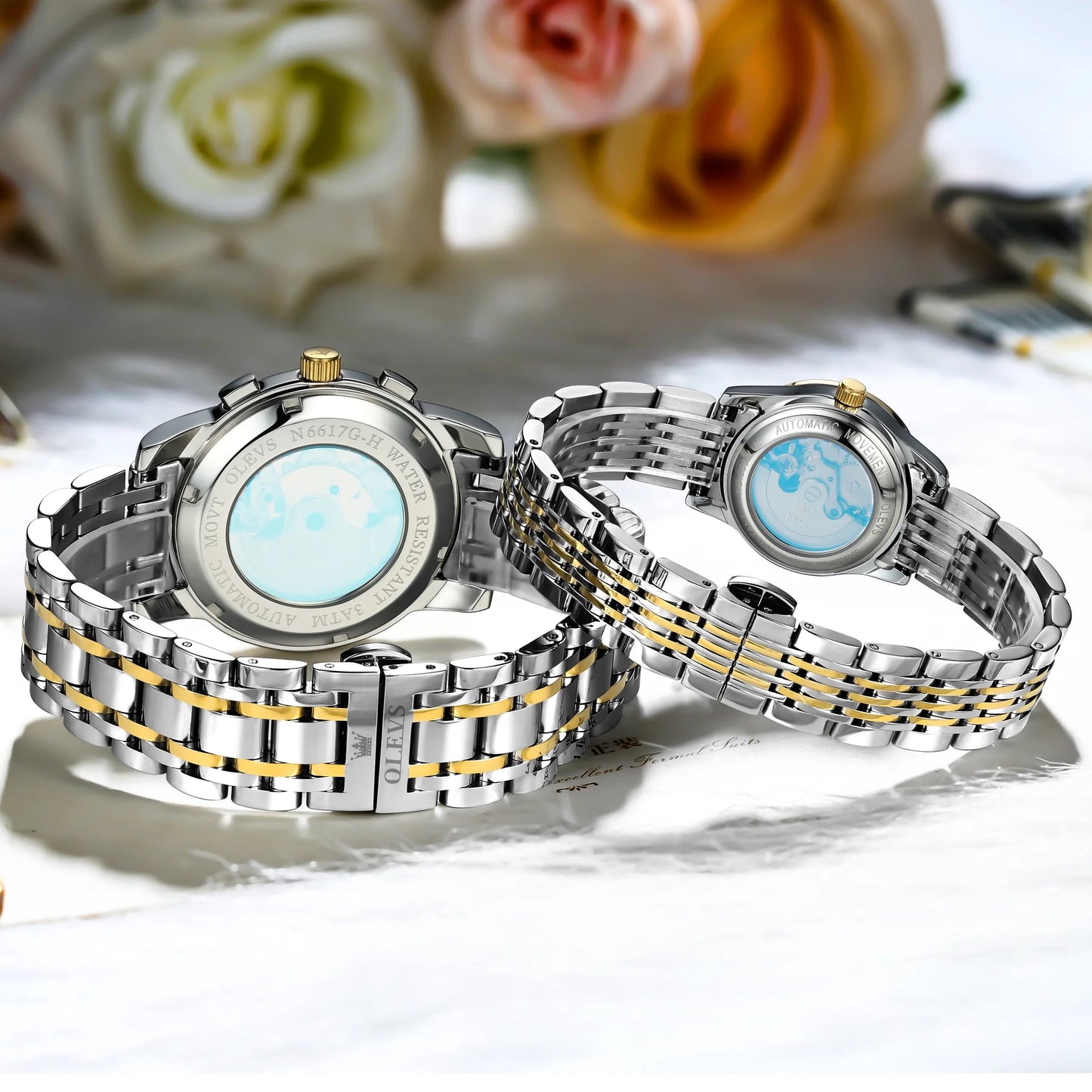 Automatic Couple Watches Set Casual Stainless Steel Waterproof His and Hers Wristwatch for Valentines Anniversary Wedding Romantic Chrismas Gifts, Luxury Watches Set of 2